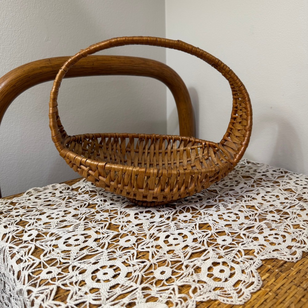 Vintage Wicker Boat Basket Arched Handle Made in Yugoslavia Honey Brown Woven